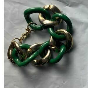Chunky Link Bracelet Gold Tone Green Resin Statement Women